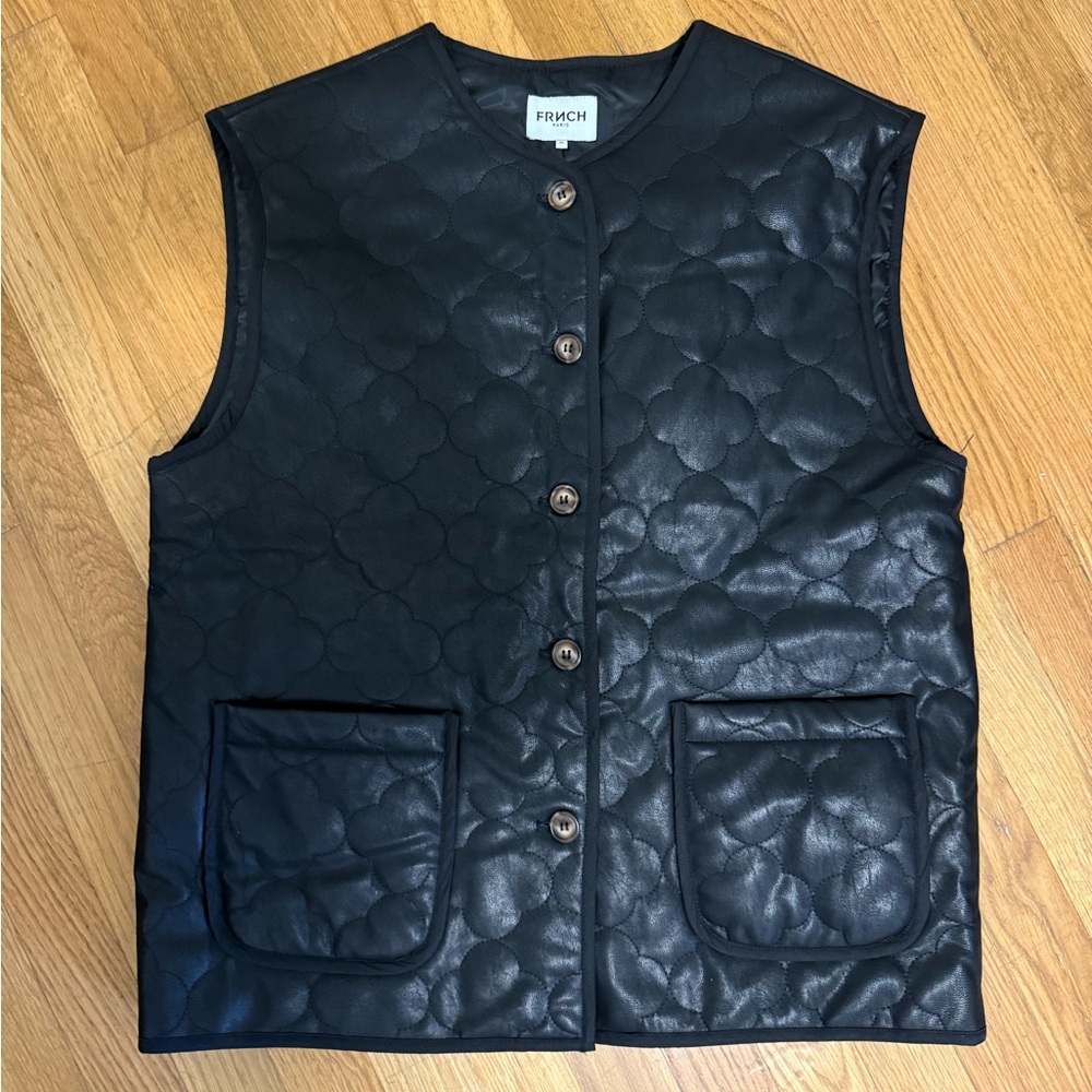 FRNCH Black Quilted Faux Leather Vest with Button Closure